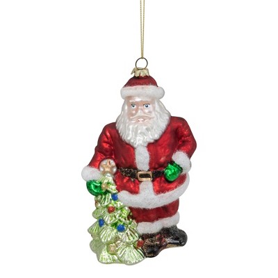 Northlight 5.5" Classic Red Santa with Tree Hanging Glass Christmas Ornament