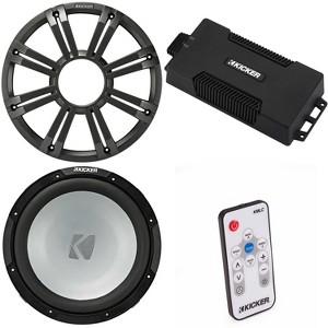 Kicker 48PXA6001 Weatherproof Powersport Mono Amp & 12" 2 Ohm Free-Air Marine Subwoofer ( Charcoal Grill ) Includes LED Remote - 1 of 4
