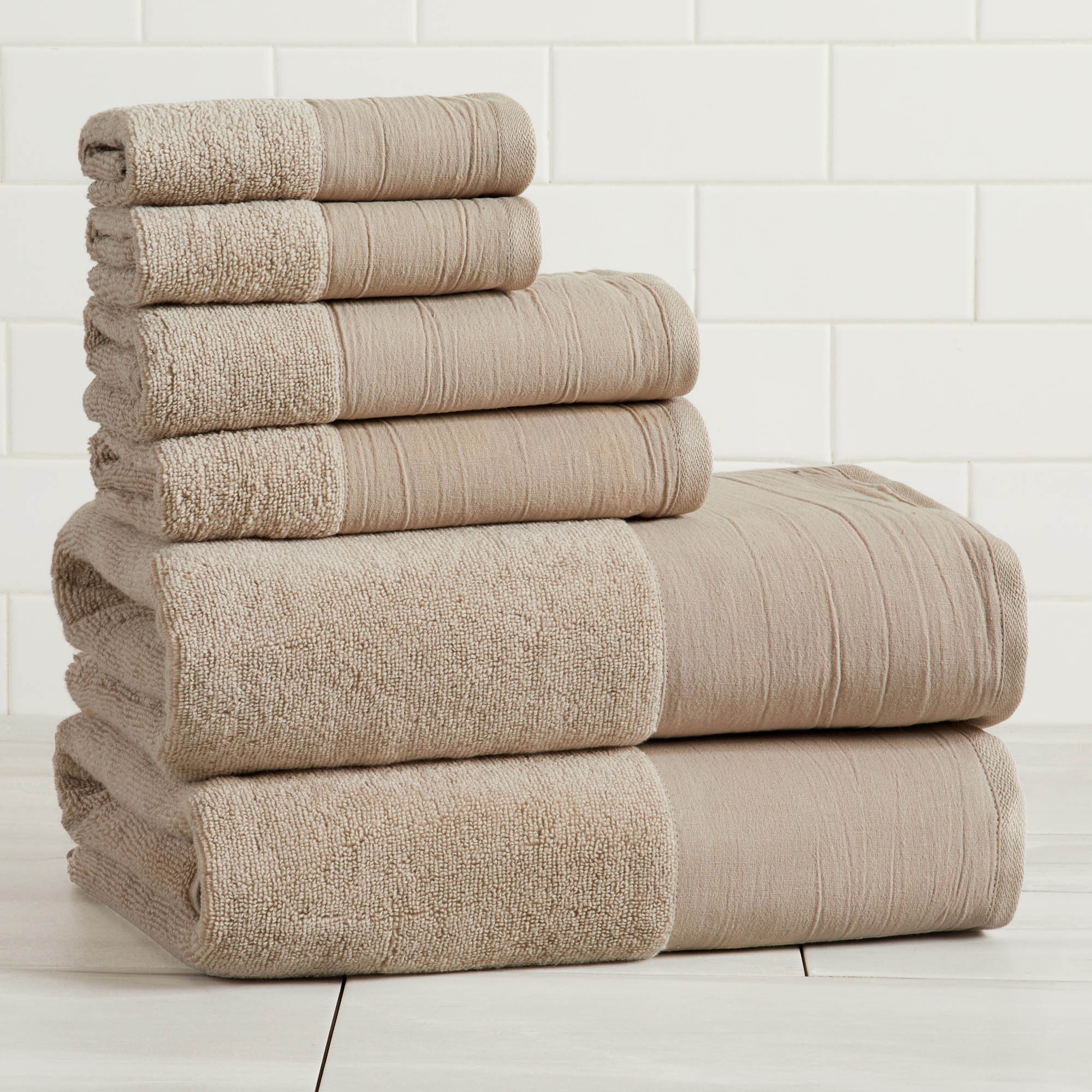 Ultra-Soft Cotton and Modern Linen-Like Border Bath Towels - Great Bay Home (6pc Towel Set, Light Grey)