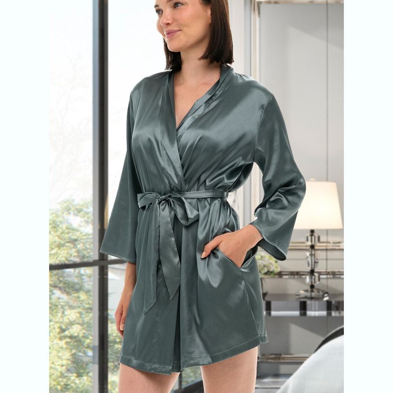 Women's Short Satin Wrap Robe, Silk like Loungewear, 3 of 7