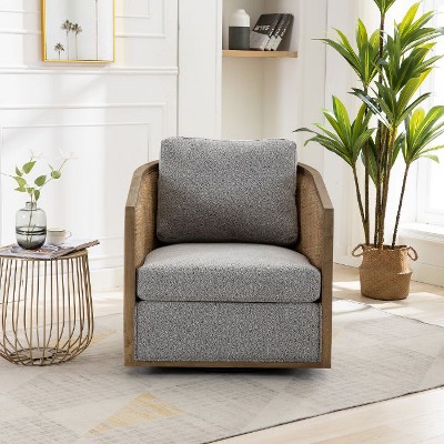 CAVINAS 360 Degree Swivel Barrel Accent Chair with Rattan Frame,  Upholstered Sofa Chair with Wood Base