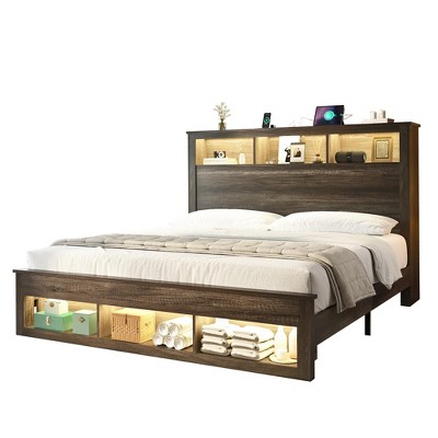 AMERLIFE Bed Frame with Drawers, LED, Bookcase Headboard, Charging, Shelves