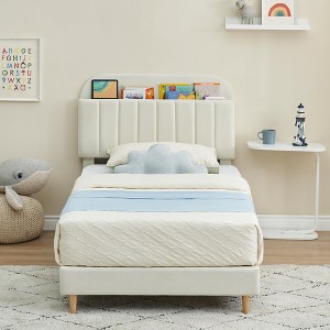 homfan Bed Frames, Upholstered Platform Bed Frame with Bookcase Headboard, Velvet Platform Bed Mattress Foundation - 1 of 4