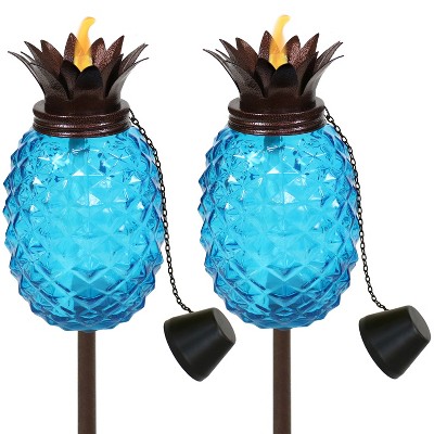 Sunnydaze Outdoor Adjustable Height 3-in-1 Glass Tropical Pineapple Torches with Connected Snuffs and Metal Poles - Blue - 2pk