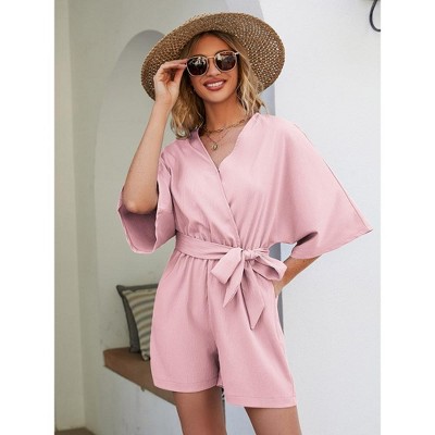 Rompers for Women Summer Casual V Neck Short Belted Wrap Flared Half Sleeve Waist Tie Romper