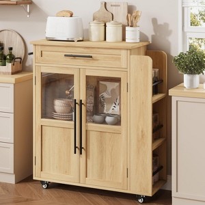 Retro Kitchen Island with 2 Glass Door Cabinets & Spice Rack,  Coffee Bar Station with Towel Holder, Storage Drawer for Dining Room - 1 of 4