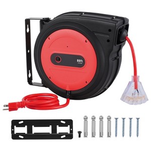 VEVOR Retractable Extension Cord Reel, 80 FT, Heavy Duty 12AWG/3C SJTOW Retractable Power Cord with Lighted Triple Tap Outlet, Black - 1 of 4