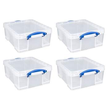 Really Useful Box 17 Liter Plastic Stackable Storage Container w/ Snap Lid & Built-In Clip Lock Handles for Home & Office Organization, Clear (4 Pack)