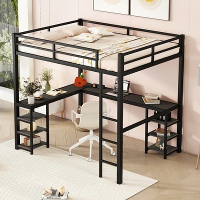 Full Size Metal Loft Bed with Desk and Shelves for Bedroom