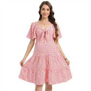 Clearlove Dresses for Women Summer Casual Short Sleeve Deep V Neck Tie Front Beach Wedding Mini Dress - 1 of 3