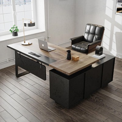 SAINTCY Modern L-Shaped Executive Desk for Home Office 63" Wide Workspace with Sliding Cabinet Doors, 3 Drawers, File Storage Shelves