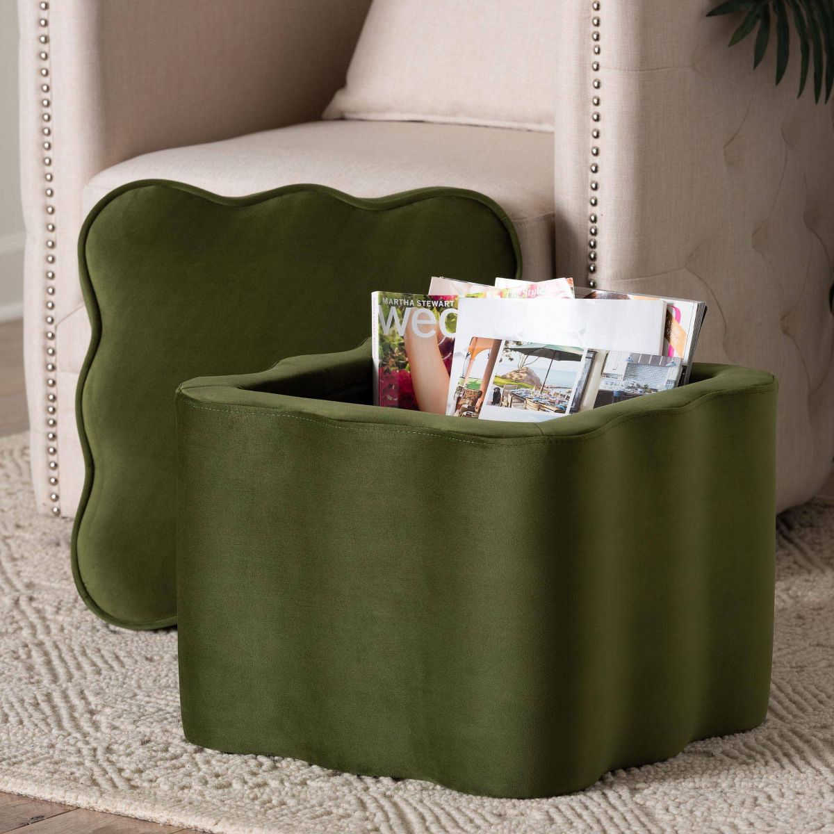 Baxton Studio Paulina Velvet Storage Ottoman Lid Top Accent Stool with Storage Green/Black - thumbnail 6