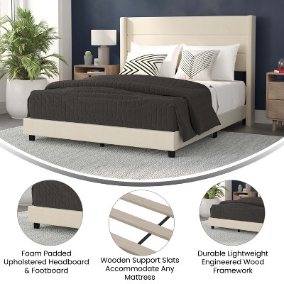 Beige Queen Upholstered Platform Bed with Wingback Headboard