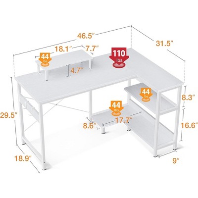White Corner Computer Desk with Headphone Hook and Shelves
