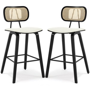 Bekrvio 26" Counter Height Bar Stools-Mid Century Modern Wood Frame,PU Leather Upholstered with Rattan Back, Kitchen Island Counter Stools - 1 of 4