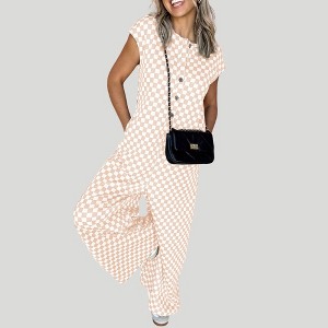 Amaryllis Women’s Checkerboard Print Wide Leg Jumpsuit Short Sleeve Button Front Casual One-Piece Relaxed Fit - 1 of 4