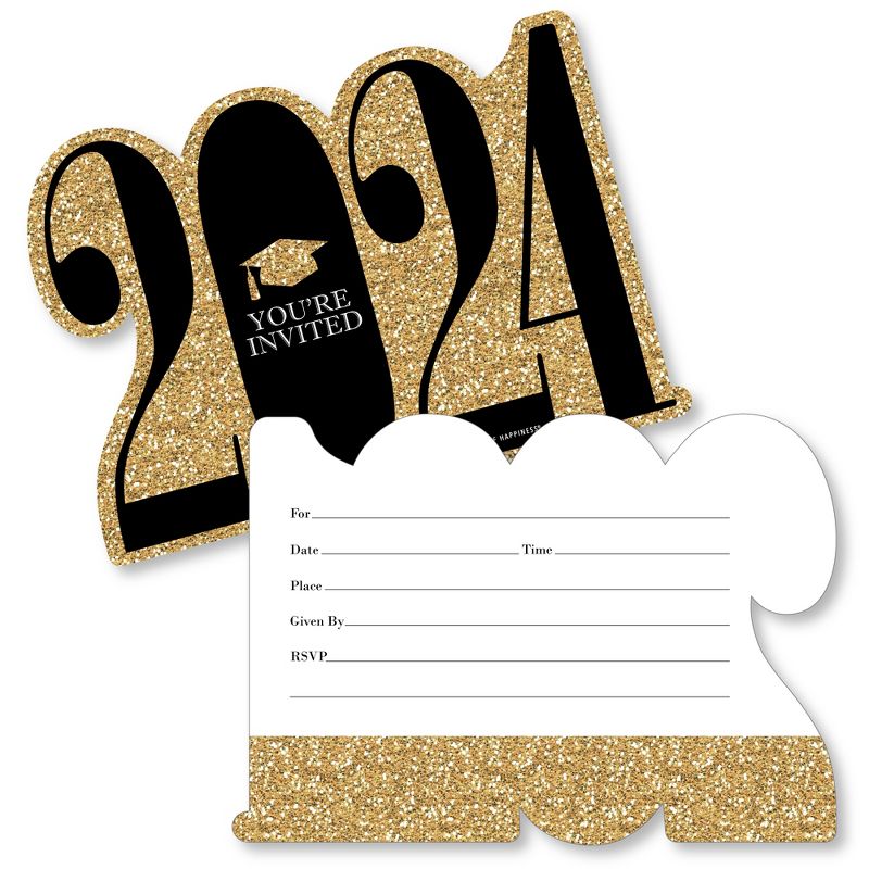 Big Dot of Happiness Gold 2024 Graduation Party Invitations - Shaped Fill-In Invite Cards with Envelopes - Set of 12, 1 of 8