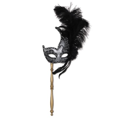 Beistle Glitter Feathered Mask With Stick; Silver/Black 54204