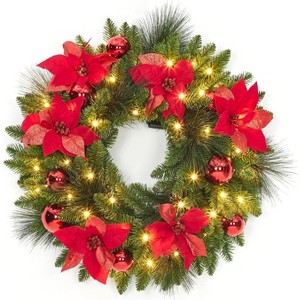 Pre-Lit Frosted Christmas Wreath Set of 6, Christmas Decoration with Pine Cones, Holly Berries - 1 of 4