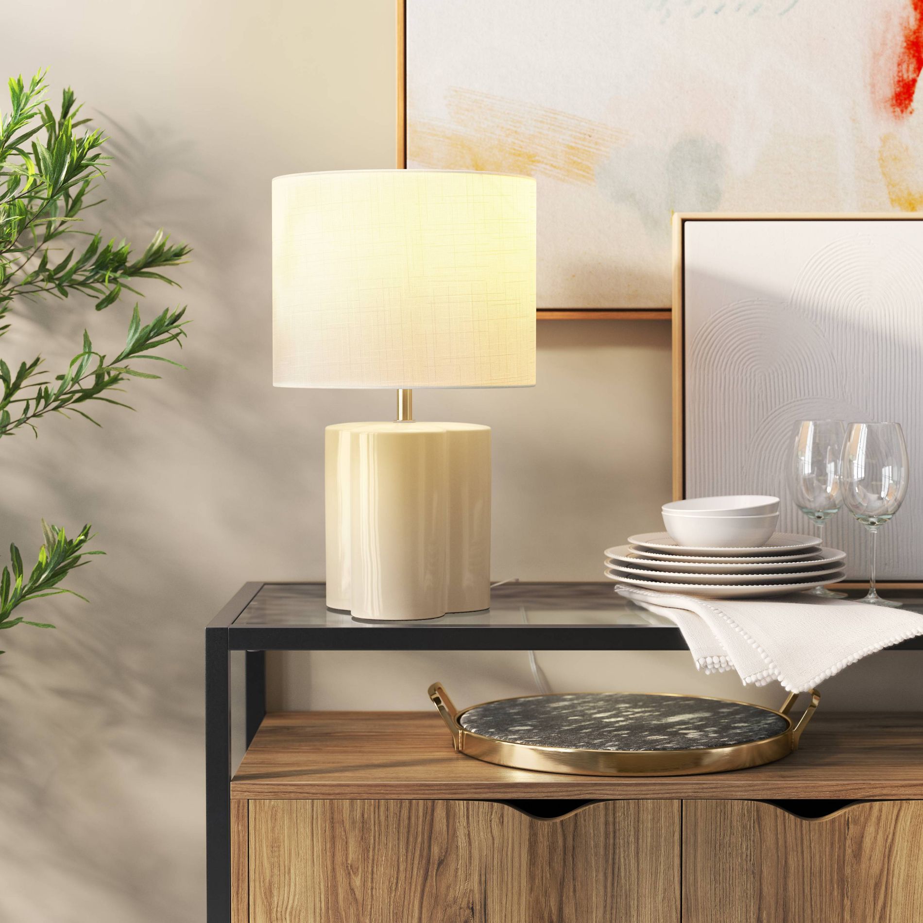 17"x10.25" Modern Clover Table Lamp Cream - Threshold™: Ceramic Base, Linen Shade, UL Listed, No Assembly Required