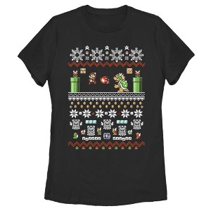 Women's Nintendo Ugly Christmas Mario and Bowser T-Shirt - 1 of 3