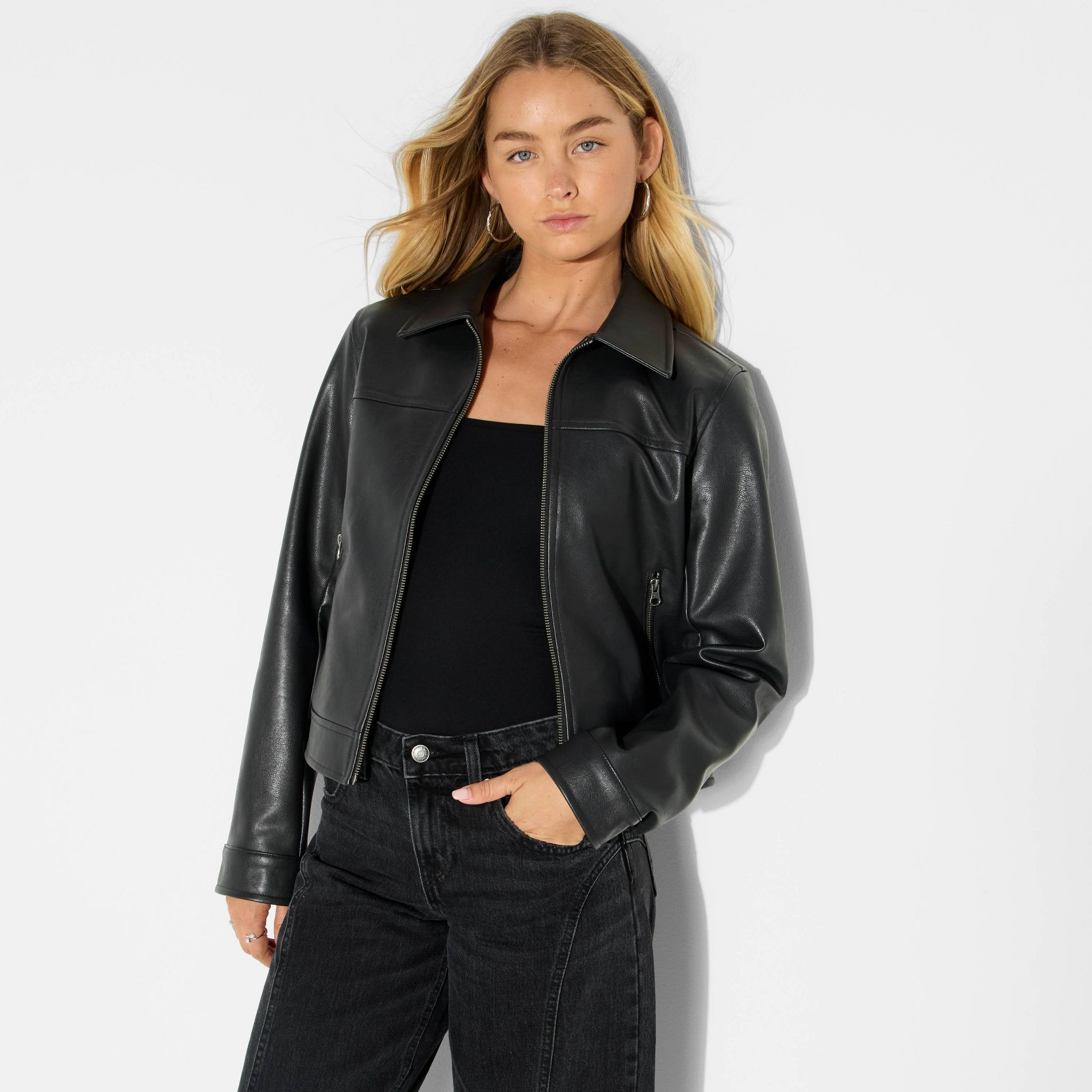 Women's Boxy Faux Leather Jacket - Wild Fable™ Black S
