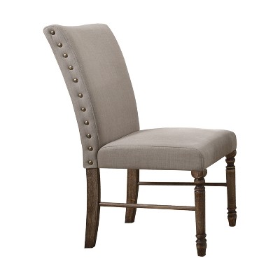 Acme Furniture Set of 2 Leventis Side Chair Cream/Oak Brown: Linen Upholstery, Nailhead Trim, Wood Frame
