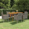 vidaXL Patio Dining Set 7 Piece - Gray Outdoor Furniture - Acacia Wood Table & Weather-Resistant Rattan Chairs with Cushions - 2 of 4