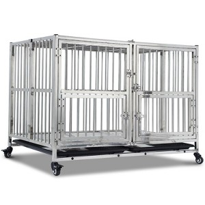 48" Heavy Duty Dog Crate, Stainless Steel Dog Kennel,  Two-Door Design Small Dog Crate with Locking Wheels & Removable Tray - 1 of 4