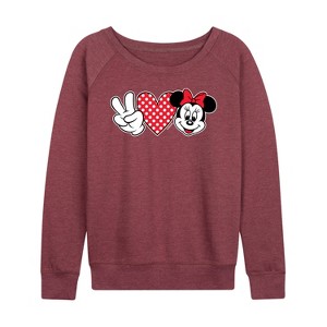 Women's - Disney - Peace Love Minnie Mouse Lightweight French Terry Wide Neck Long Sleeve Graphic Shirt - 1 of 4