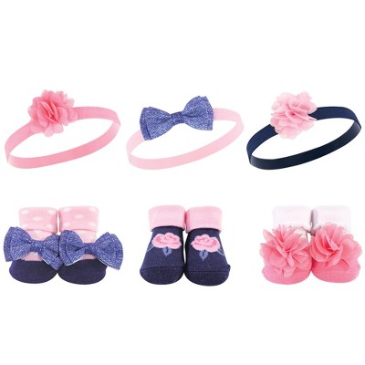 Hudson Baby Infant Girl Headband and Socks Giftset 6pc, Pink Navy Flower, One Size