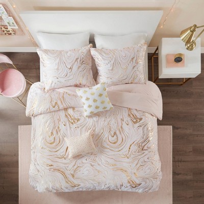 Twin/Twin XL 4pc Vanessa Metallic Printed Duvet Cover Set Blush/Gold