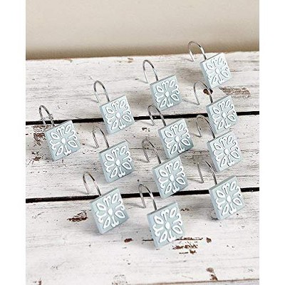 Vintage Blue and White Ceramic Shower Curtain Hooks Set of 12