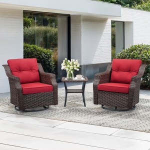 Buenhomino 3-Piece Outdoor Wicker Swivel Rocker Chair Set with Side Table, All-Weather PE Rattan Glider Chairs with Cushions for Patio or Deck - 1 of 4