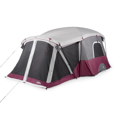 CORE 40072 Spacious 11 Person Family Outdoor Camping Cabin Tent with Screen  Room, Rain Fly, Ground Stakes, and Carrying Bag, Red