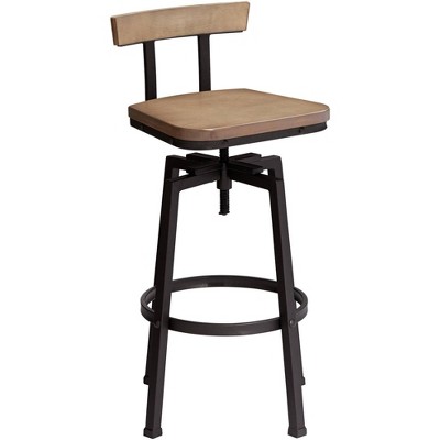 Bronze & Gray Adjustable Swivel Barstool with Wood Backrest