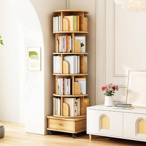 360-Degree Rotating Bookcase for Small Spaces, 5-Shelf Corner Organizer with Storage Drawer Natural - 1 of 4