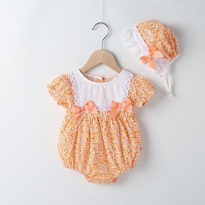 MyKids-USA Baby Girl Floral Pattern Lace Patchwork Round Collar Short-Sleeved Colorful Cotton Onesies With Hat - 1 of 4