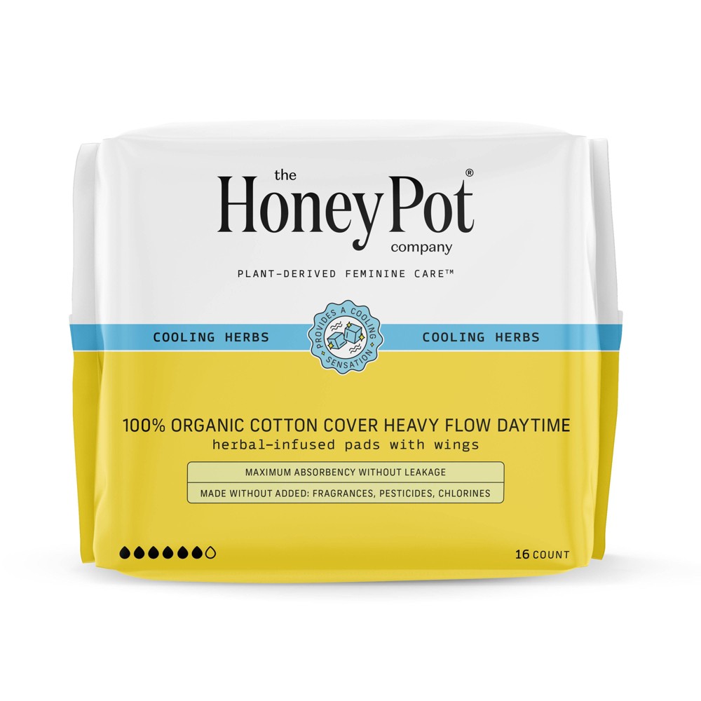 The Honey Pot Company 100% Organic Cotton Cover Cooling Herbal Infusion Heavy Flow Daytime Pad - 16ct