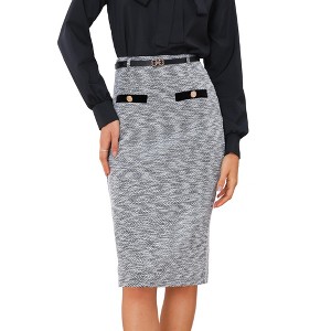 INSPIRE CHIC Women's Tweed High Waisted Button Decor Bodycon with Belt Office Midi Skirts - 1 of 4