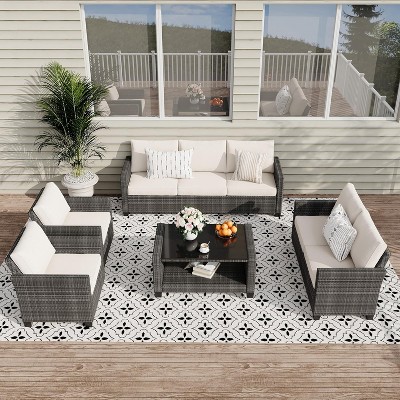 GustoWave 5-Piece Patio Furniture Set with Rattan Chairs, Glass Table and Cushions for Porch, Balcony, Backyard, Garden, Poolside, Gray