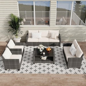 GustoWave 5-Piece Patio Furniture Set with Rattan Chairs, Glass Table and Cushions for Porch, Balcony, Backyard, Garden, Poolside, Gray - 1 of 4