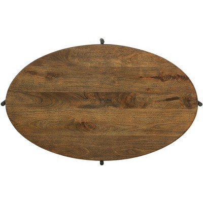 Oval Medium Brown Wood and Metal Coffee Table