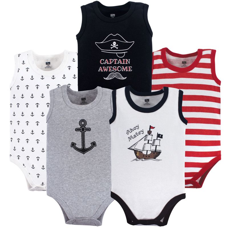 Hudson Baby Infant Boy Cotton Sleeveless Bodysuits 5pk, Pirate Ship, 1 of 3