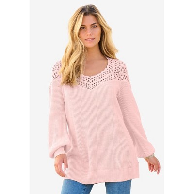 Roaman's Plus Size Crochet Pullover Sweater With Sweetheart Neckline