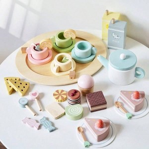 Wooden Tea Party Set , 34 PCS Wood Tea Toy, Pretend Play Kitchen Accessories with Play Food, Improve Imagination - 1 of 4