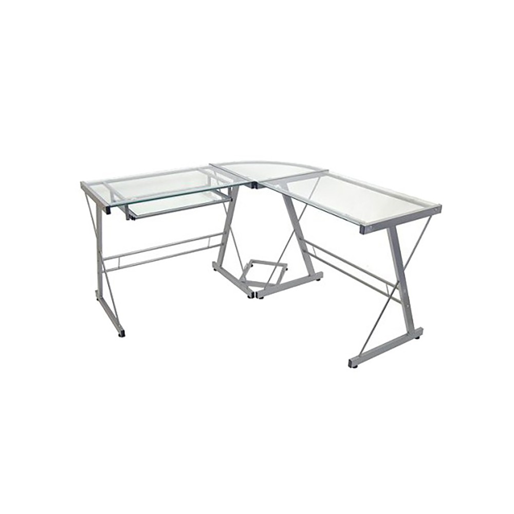 Glass L Shaped Computer Desk With Keyboard Tray Silver - Saracina Home