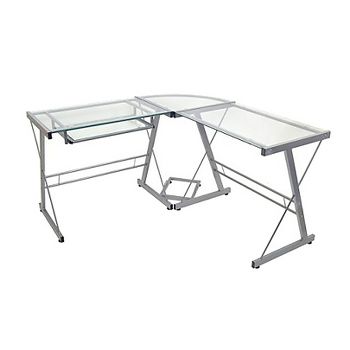 Saracina Home Glass L-Shaped Computer Desk with Keyboard Tray (Sliver)