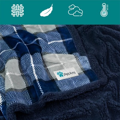 Large Navy Plaid Sherpa Fleece Reversible Outdoor Throw Blanket