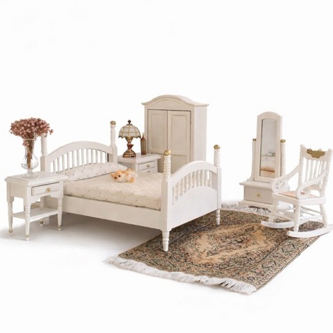 Etokfoks 1/12 Scale Victorian Dollhouse Bedroom Furniture Set White Gold 7 Piece Colonial Brewster Style Bed Mirror Chair Rug